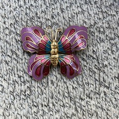 Vintage Butterfly Brooch Cloisone 3D Enamel Pink Lepidoptra 80s Gift Gold Tone