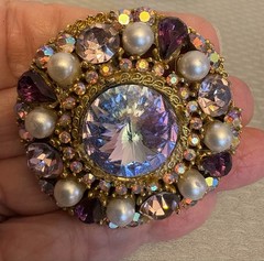 Vintage Signed ART Arthur Pepper Brooch Pink Lavender Purple AB Rhinestone Pearl