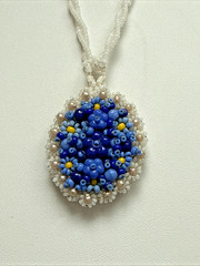 Vintage Hand Beaded Floral Cluster Pendant Necklace Blue & White Glass Seed Bead