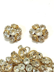 KRAMER NY Gold Tone Half Circle Clear Rhinestone Bracelet, Brooch & Earring Set