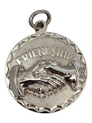 Sterling Silver Elco Friendship 3D Handshake Vintage Disc Charm Pendant 1.75″