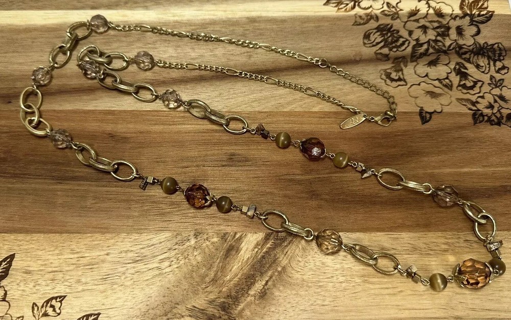 Vtg Autumn Amber Color Gold Tone Resin Metal Round Oval Beaded Necklace Jewelry