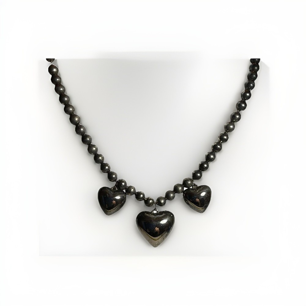 Vintage Triple Puffy Heart Charm Necklace Silver Tone Beaded