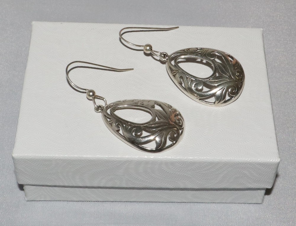 Vintage Sterling Silver Jezlaine Floral Scrolled Open Teardrop Dangle Earrings