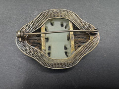 Antique Silver Cloisonne Carved Green Jade Pin/Brooch