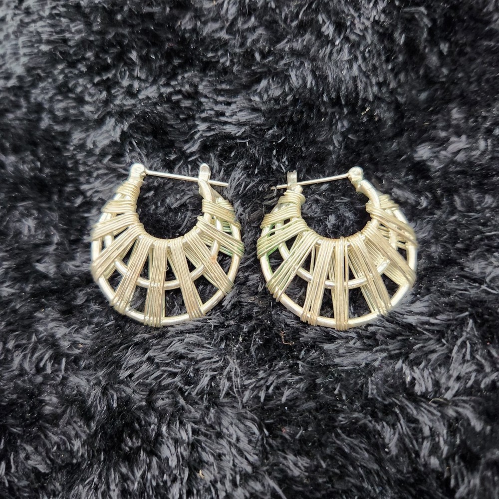 Silver T Wire Wrapped 1.25″ Pierced Hoop Earrings Vintage