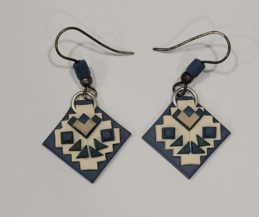 Vtg Polymer Clay Geometric Dangle Earrings Southwest / AK Quilt Block Blue Cream