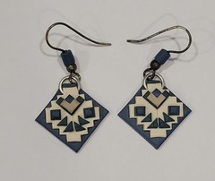 Vtg Polymer Clay Geometric Dangle Earrings Southwest / AK Quilt Block Blue Cream