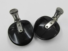 Large Black Lucite Flush Set Rhinestone Clip Earrings Mid-Century Vintage