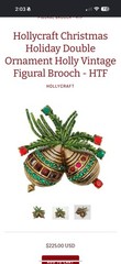 Christmas Holiday Doubke Ornament Holly Vintage Figural Brooch Hollycraft
