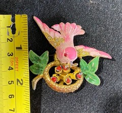 Vintage Fred Gray Corp Birds Nest Mother & Babies Enamel Metal Brooch USA 1940s