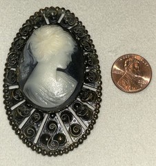 Vintage Cameo Brooch Black & White Lady Filigree Frame 2.75” Statement 1960 Gold