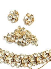 KRAMER NY Gold Tone Half Circle Clear Rhinestone Bracelet, Brooch & Earring Set