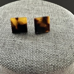 Vintage Faceted Rectangle Beads Faux Wood Brown Black & Pierced Earrings