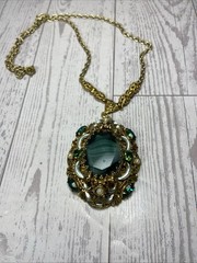 Vintage Western Germany Necklace Ornate Brass Filigree With Green Rhinestones.