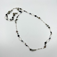 Vintage Silver Tone Long Station Necklace Mixed Glass & Smoky Stone Beads