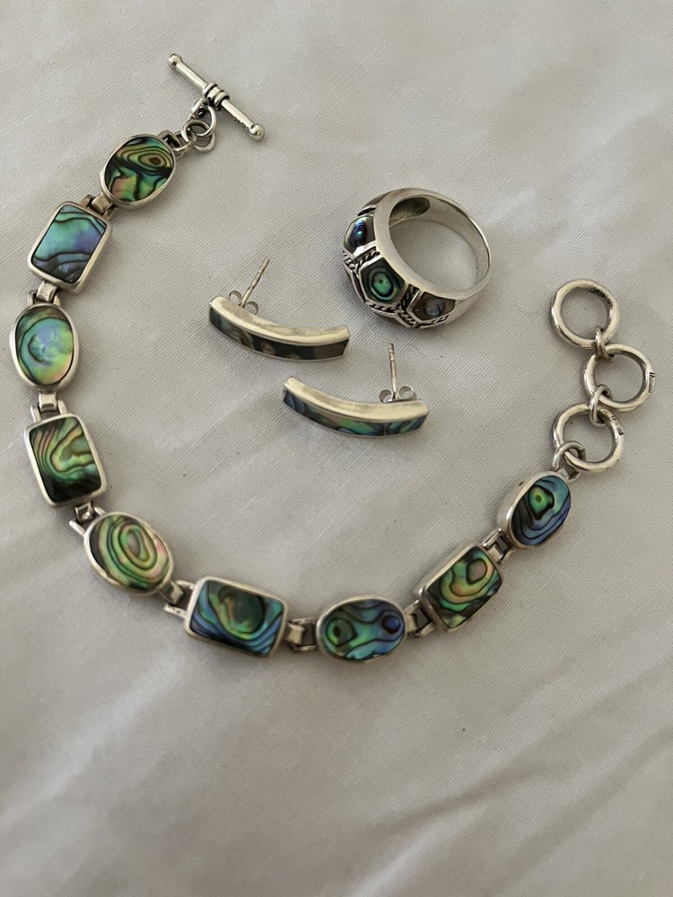 ❤️VTG 925 ABALONE SHELL BRACELET, EARRINGS & RING. Would Make A Lovely Gift
