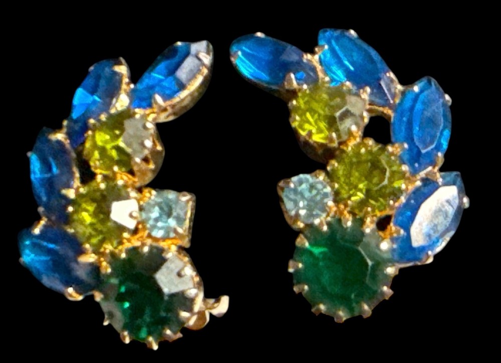Vintage Clip On earrings ear-climber multi-colored Rhinestones 1″ EUC