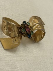 Vintage Coro Signed Script Bow Brooch Pin Gold Tone 1940s 1950s Rhinestone 2.25”
