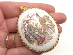 Vintage Porcelain Asian Japanese Couple Scene Gold Tone Large Oval Pendant