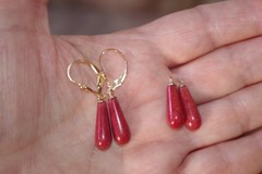 Genuine 14K Red Jade Elongated Medium Size Tear drop Lever back Earrings