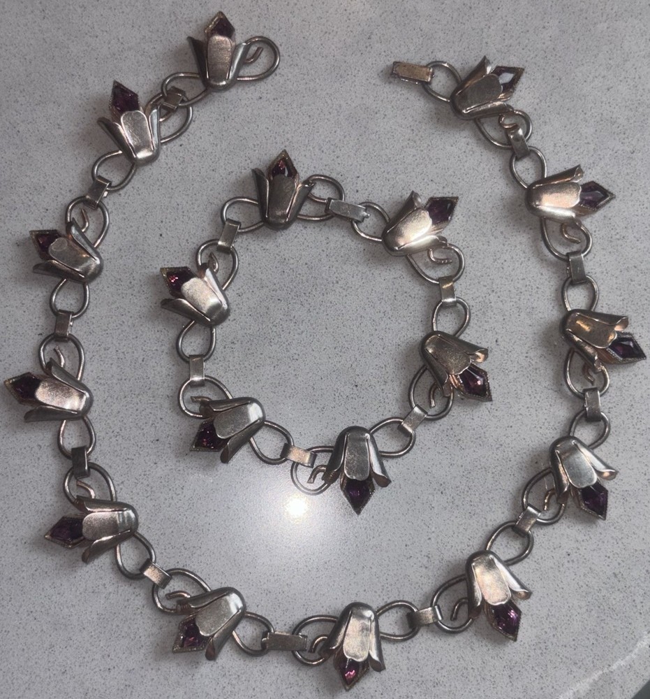 RARE Rose Gold Bell Flower Paste Necklace Bracelet ART DECO Sterling SET 15.25″