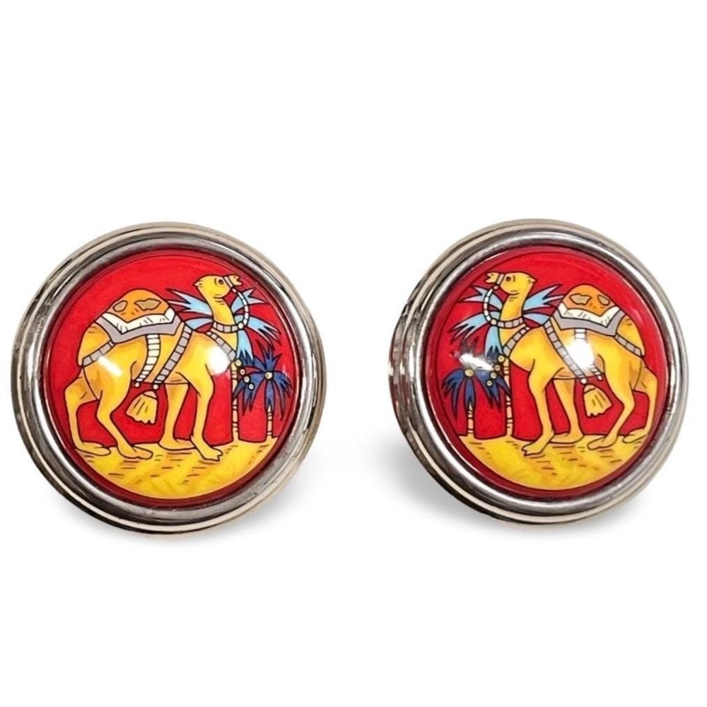 Vintage Hermès Cloisonné Enamel Earrings | Camel Desert Motif | Silver-Tone