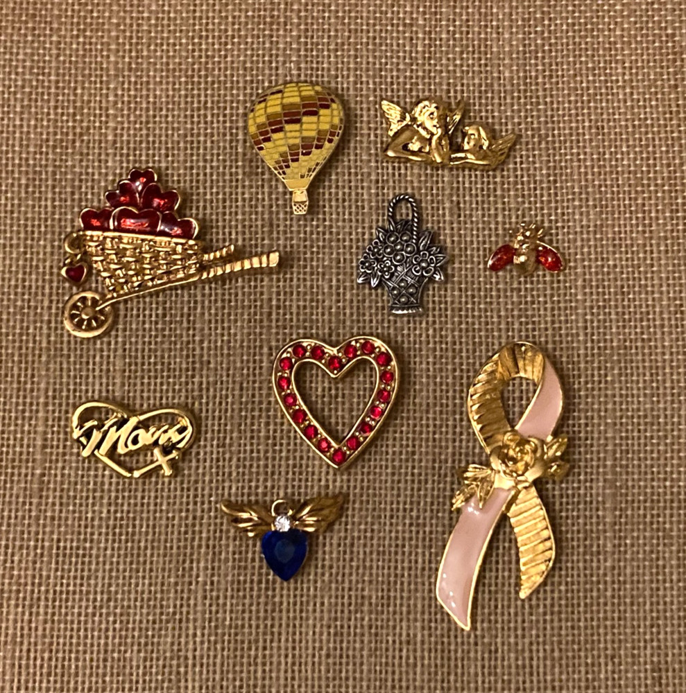 Vintage Lapel Pin Lot Of 9 Heart Mom Cherub Flower Basket Some Signed Avon
