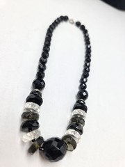 Vintage Czech Black Faceted Glass Bead Necklace Clear Crystal Accents 17″