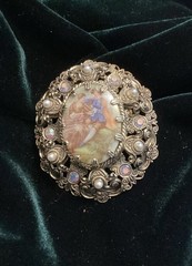 Vintage Porcelain Filigree Courting Couple Art Brooch and Earrings Set
