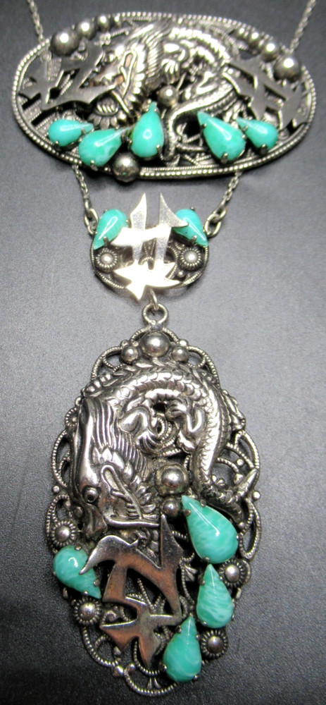 MAX NEIGER Glass Cabochon Dragon Necklace Brooch Set RARE!
