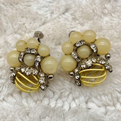 Vintage Vendome Earrings Lucite Bead Rhinestone Enamel Cage Clip Ons Signed 1″