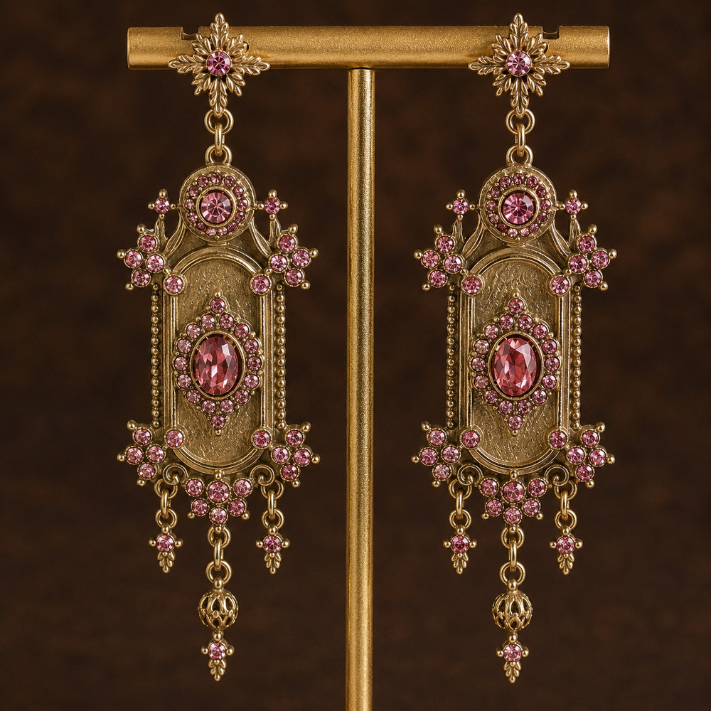 Vintage Victorian Style Pink Crystal Dangle Earrings Gold Tone Ornate Statement
