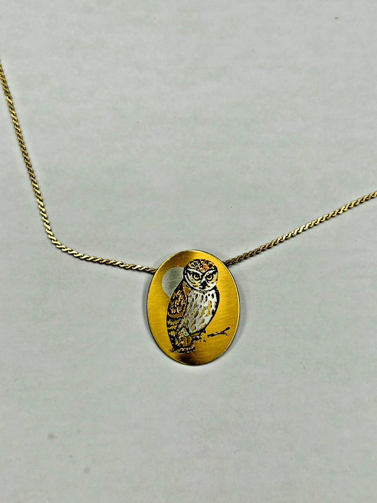 Vintage Signed Reed & Barton Owl Damascene Gold Tone Necklace 18 In