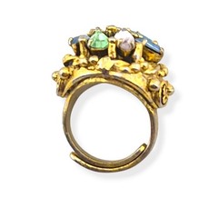 Vintage Signed Barclay Uranium Glass Ring Pastel Rhinestone Cluster Adjustable