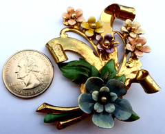 Vintage Sterling Silver Gold Wash Floral Brooch — 3.0″ x 2.0″ — 22.1 g — Enamel