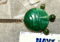 Vintage Mexican Alpaca Green Onyx Stone Pendant Necklace Large Modernist Disc