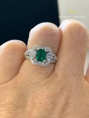 2CT Emerald Cut Real Emerald Art Deco Vintage Halo Wedding Ring 14K Gold Over