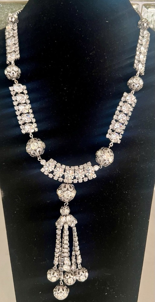 FABULOUS DRAMATIC STATEMENT VTG RHINESTONE DRIPPING TASSEL BIB NECKLACE
