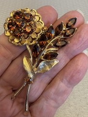 Vintage Signed Weiss Rhinestone Topaz Amber Rhinestone Flower Brooch Leaf Spray