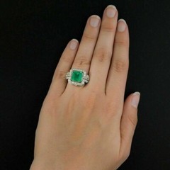 Art Deco Green Bezel Set Square Emerald & Lab Created Diamond 925 Silver Ring