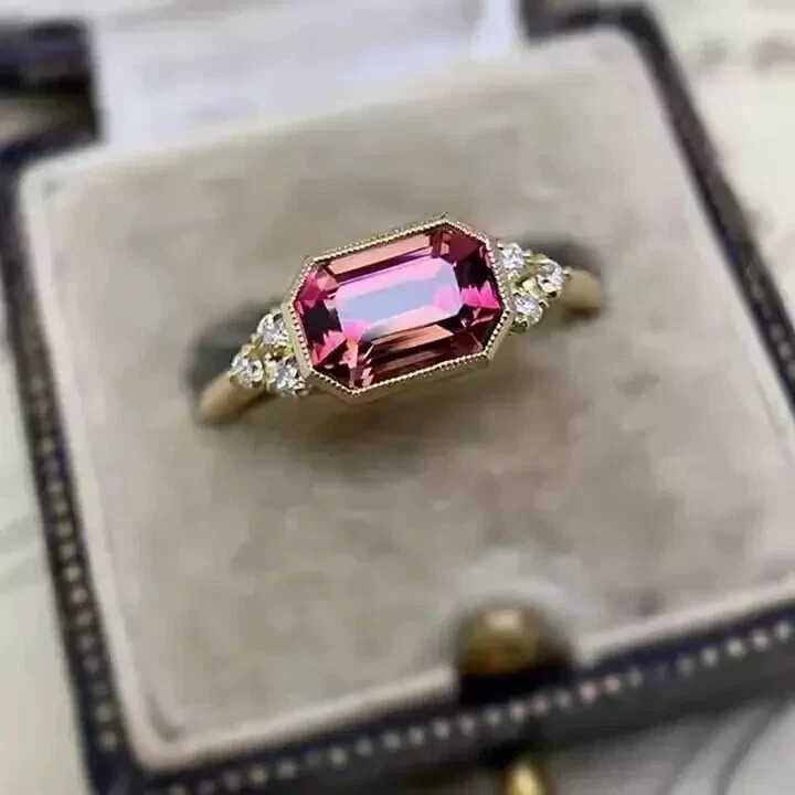 Art Deco Style Pink Tourmaline Lab-Created Diamond Ring 14K Yellow Gold FN