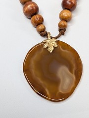 Vintage Carnelian Agate Slab Pendant Necklace Wood Bead Leather Cord 22″ Boho