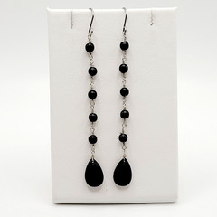 Black Onyx Bead Shoulder Duster Long Linear Silver Tone Pierced Hook Earrings