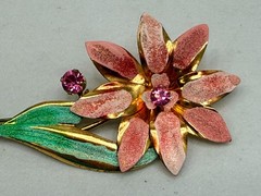Vintage Rhinestone Flower Brooch Pink, Green Enamel Pin Estate MCM Jewelry 3.5in