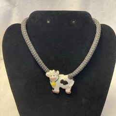 Vintage Flying Colors Ceramic Cow Pendant Statement Necklace 30 in Spotted Cord