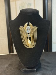VTG Egyptian Revival Rhinestone & Pearl Statement Brooch Gold Tone Chains 3.5 In