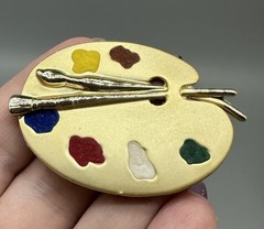Vtg Paint Palette Artist Brooch Pin Gold Brushed Tone Brush Art To Wear Gift