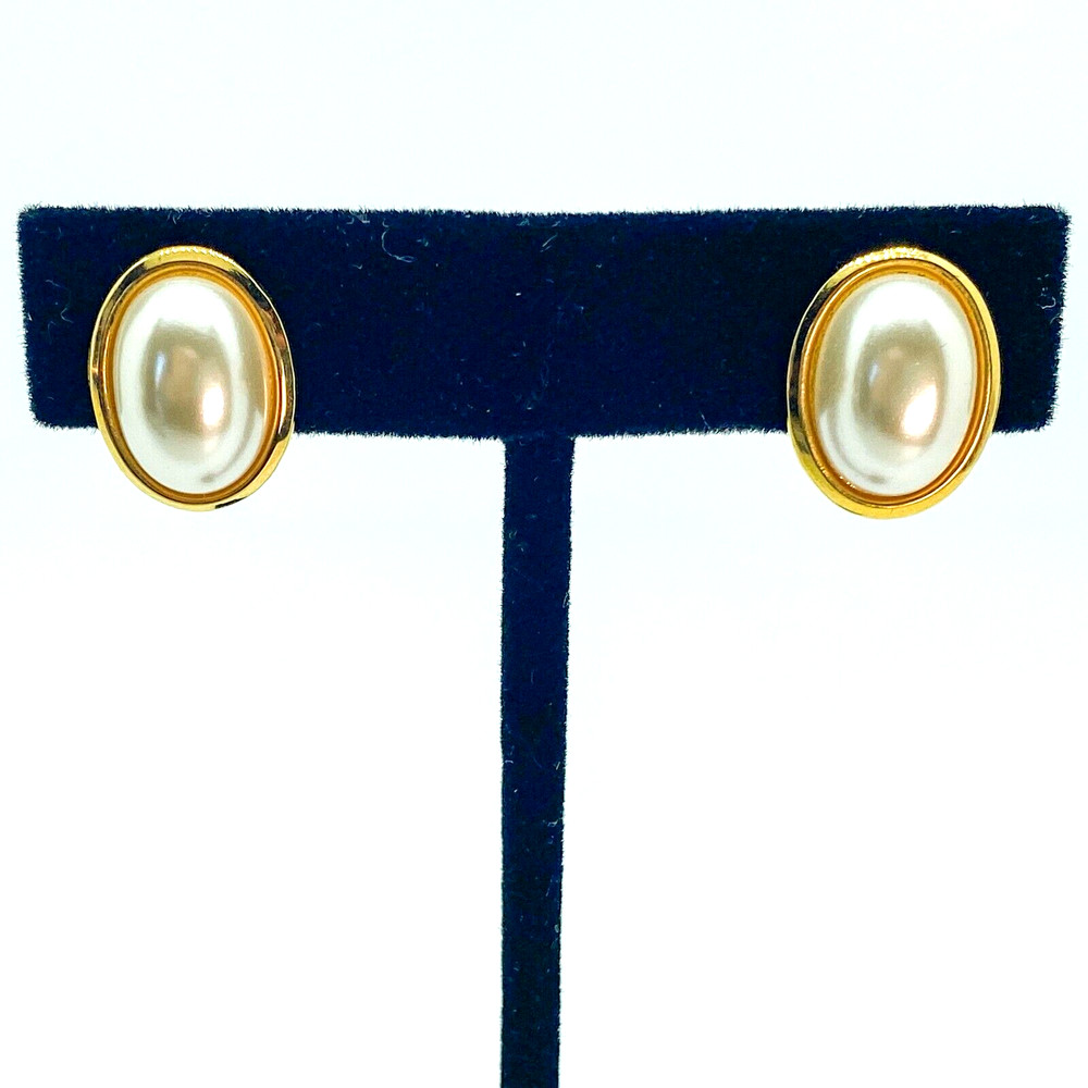 Vintage Napier Earrings Faux Pearl Oval Screw Back Hinged Clip Gold Tone Signed