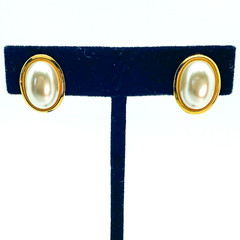 Vintage Napier Earrings Faux Pearl Oval Screw Back Hinged Clip Gold Tone Signed